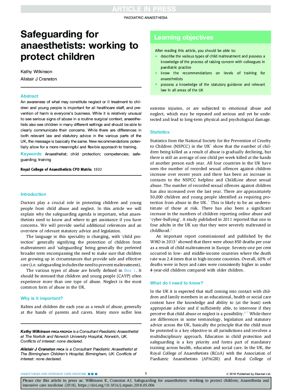 Safeguarding for anaesthetists: working to protect children