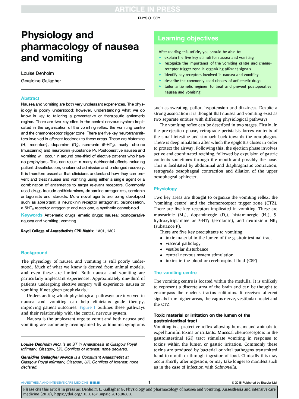 Physiology and pharmacology of nausea and vomiting