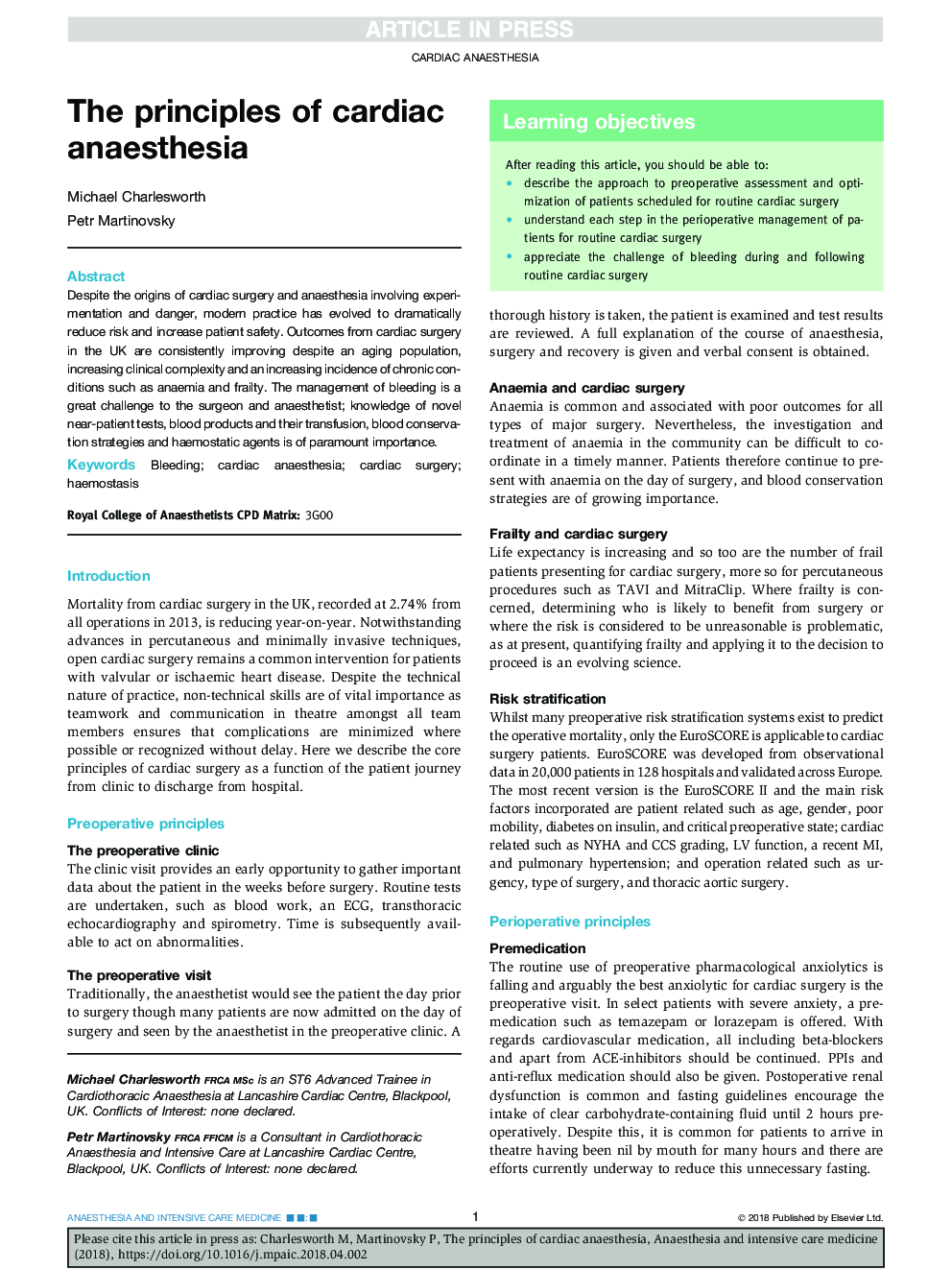 The principles of cardiac anaesthesia