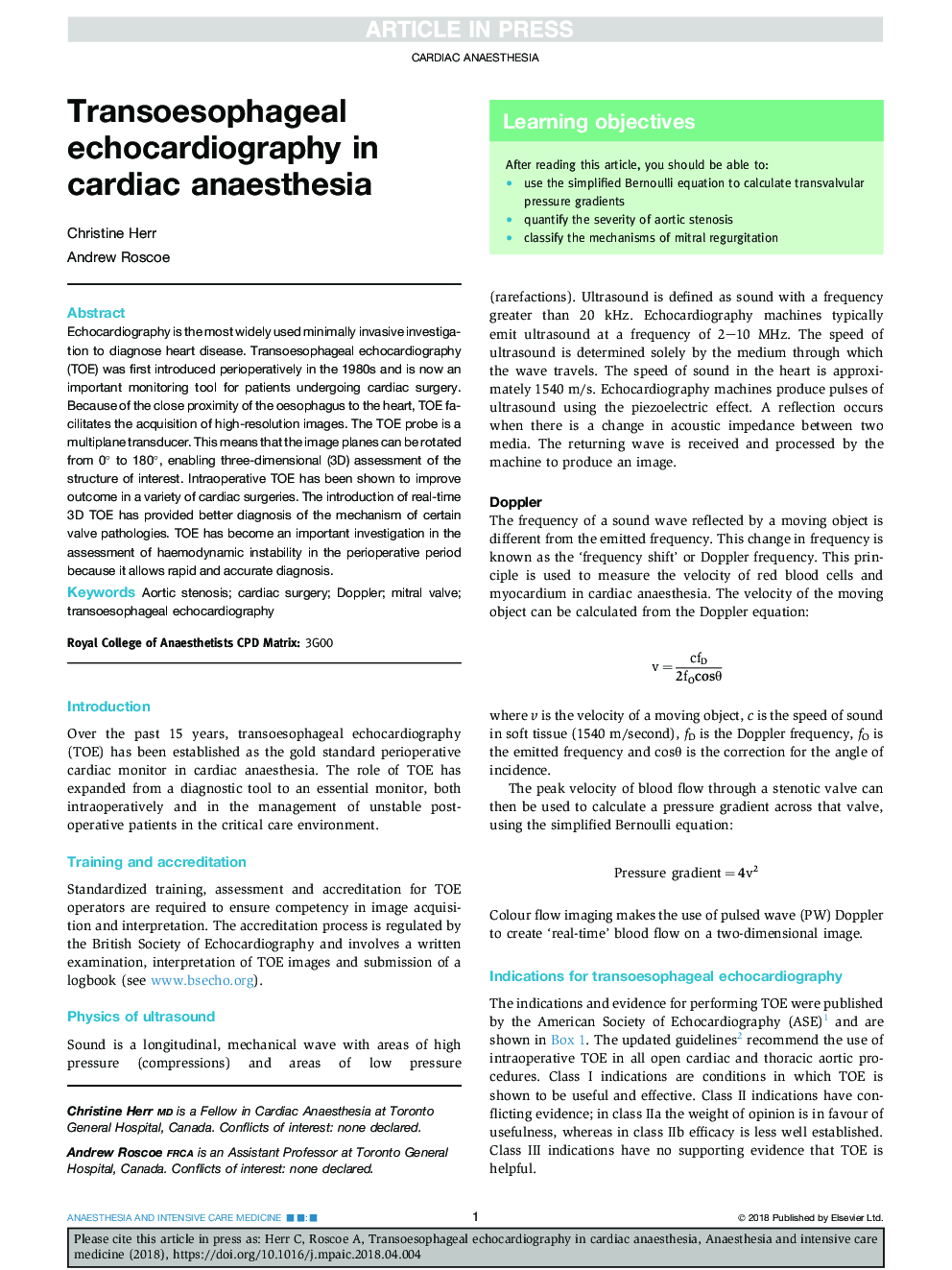 Transoesophageal echocardiography in cardiac anaesthesia