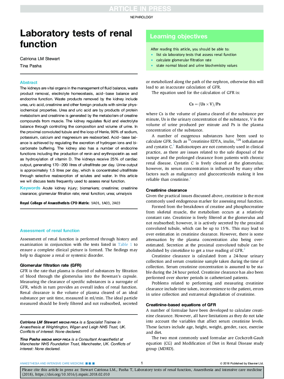 Laboratory tests of renal function