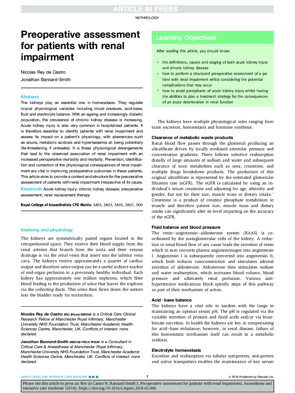 Preoperative assessment for patients with renal impairment