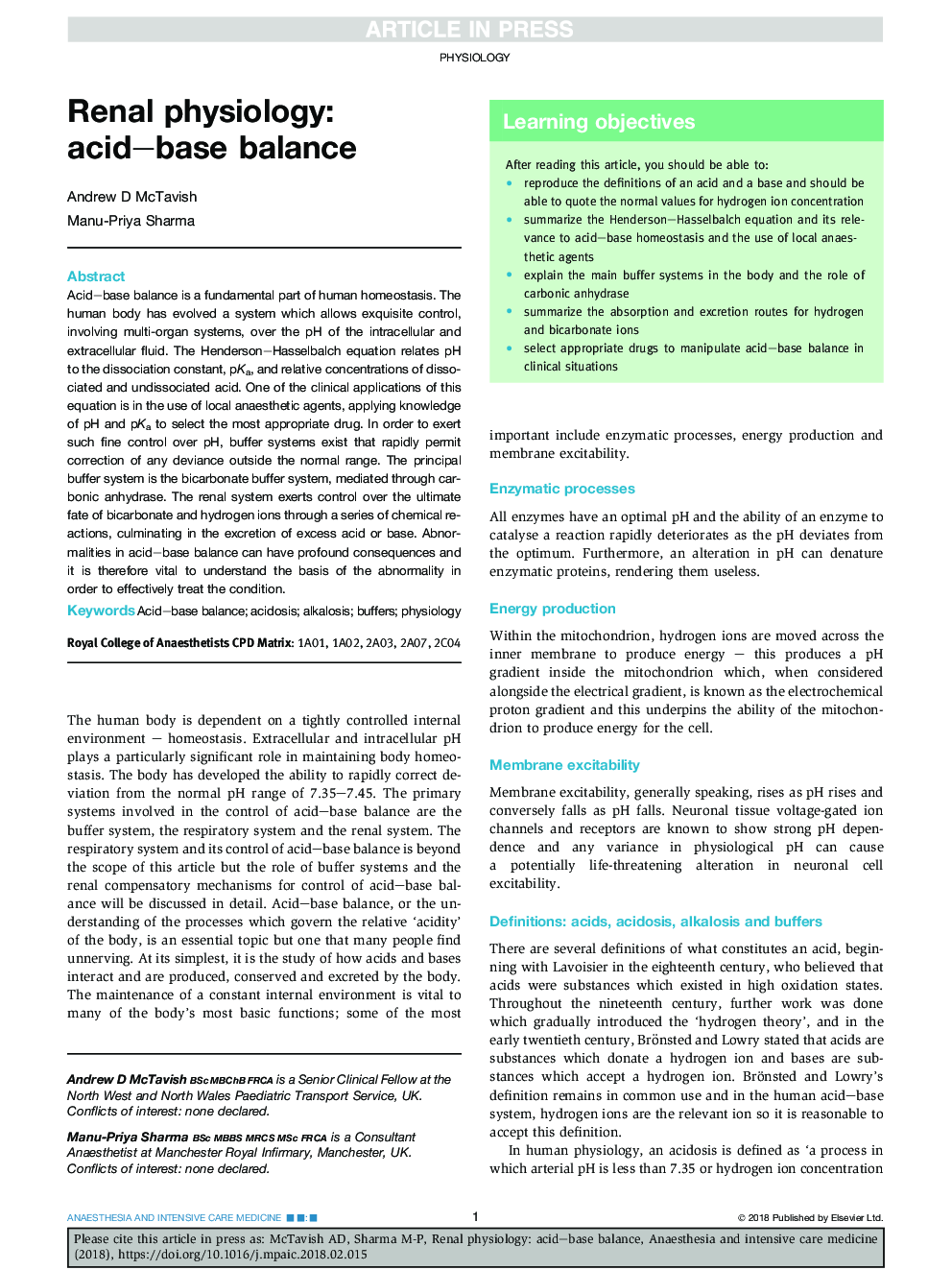 Renal physiology: acid-base balance