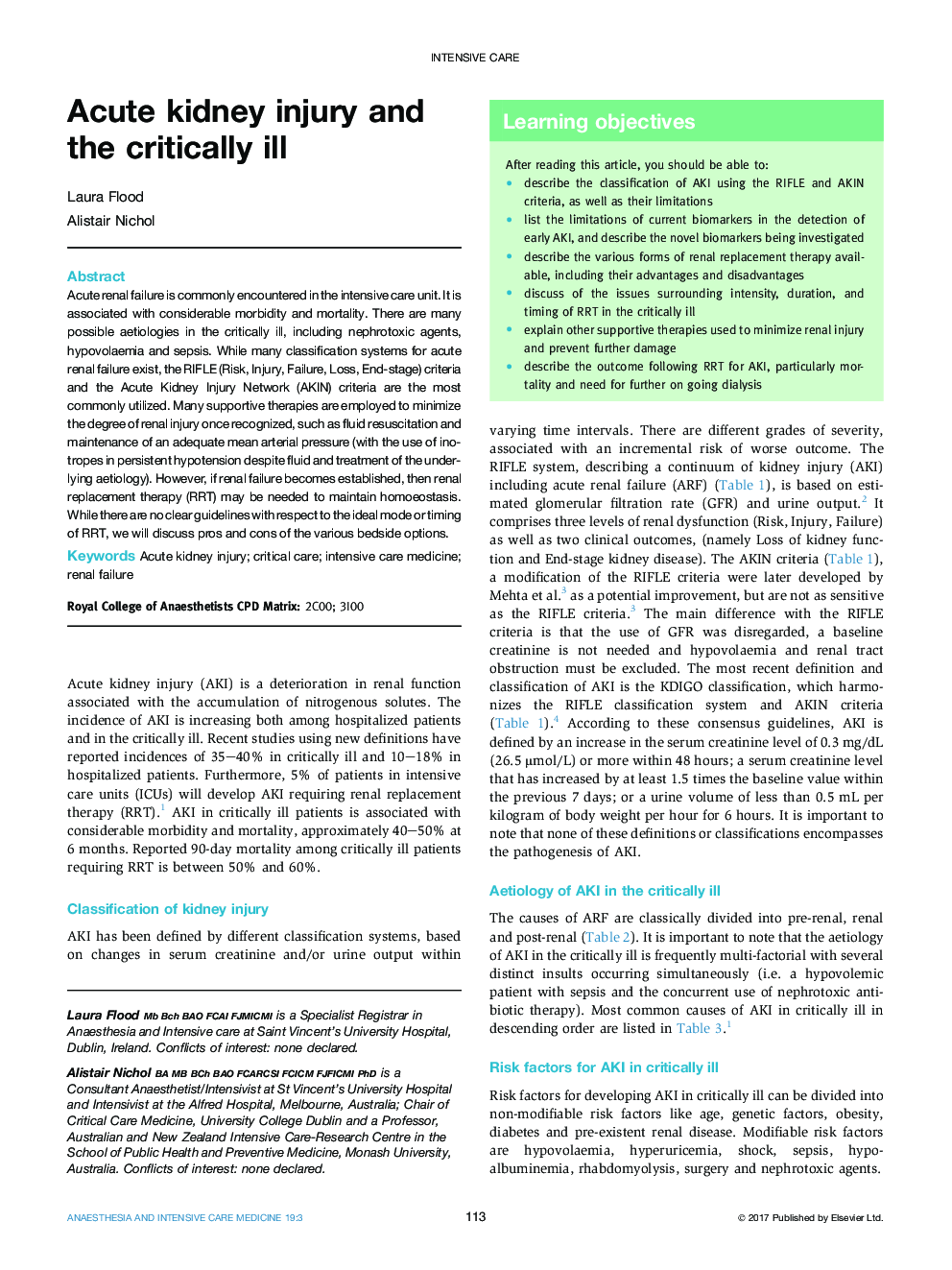 Acute kidney injury and the critically ill