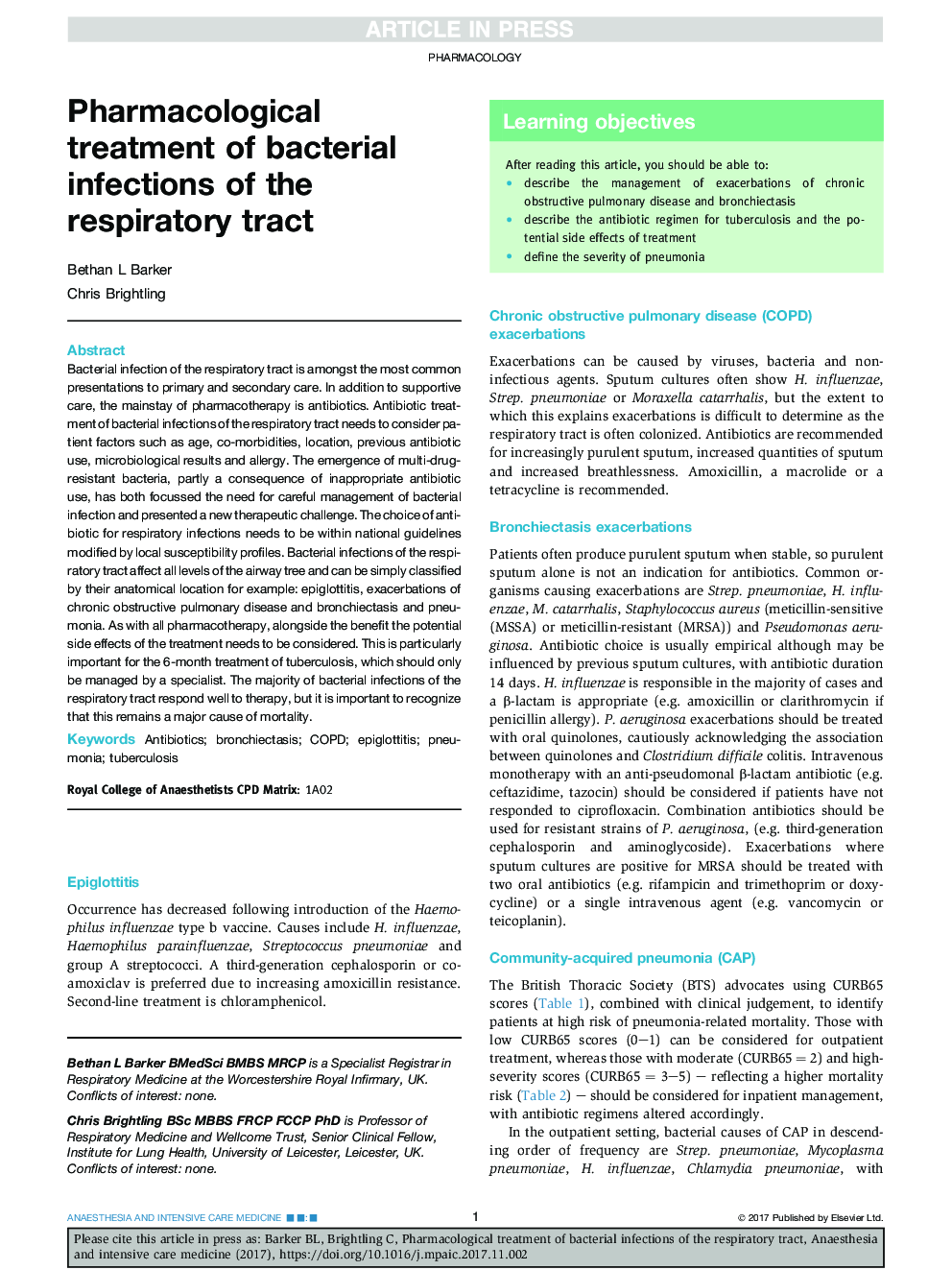 Pharmacological treatment of bacterial infections of the respiratory tract