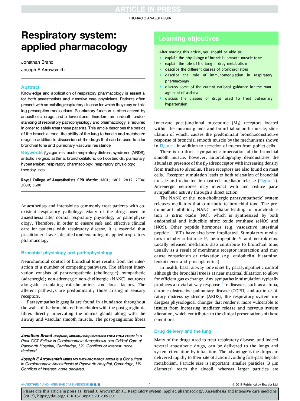 Respiratory system: applied pharmacology