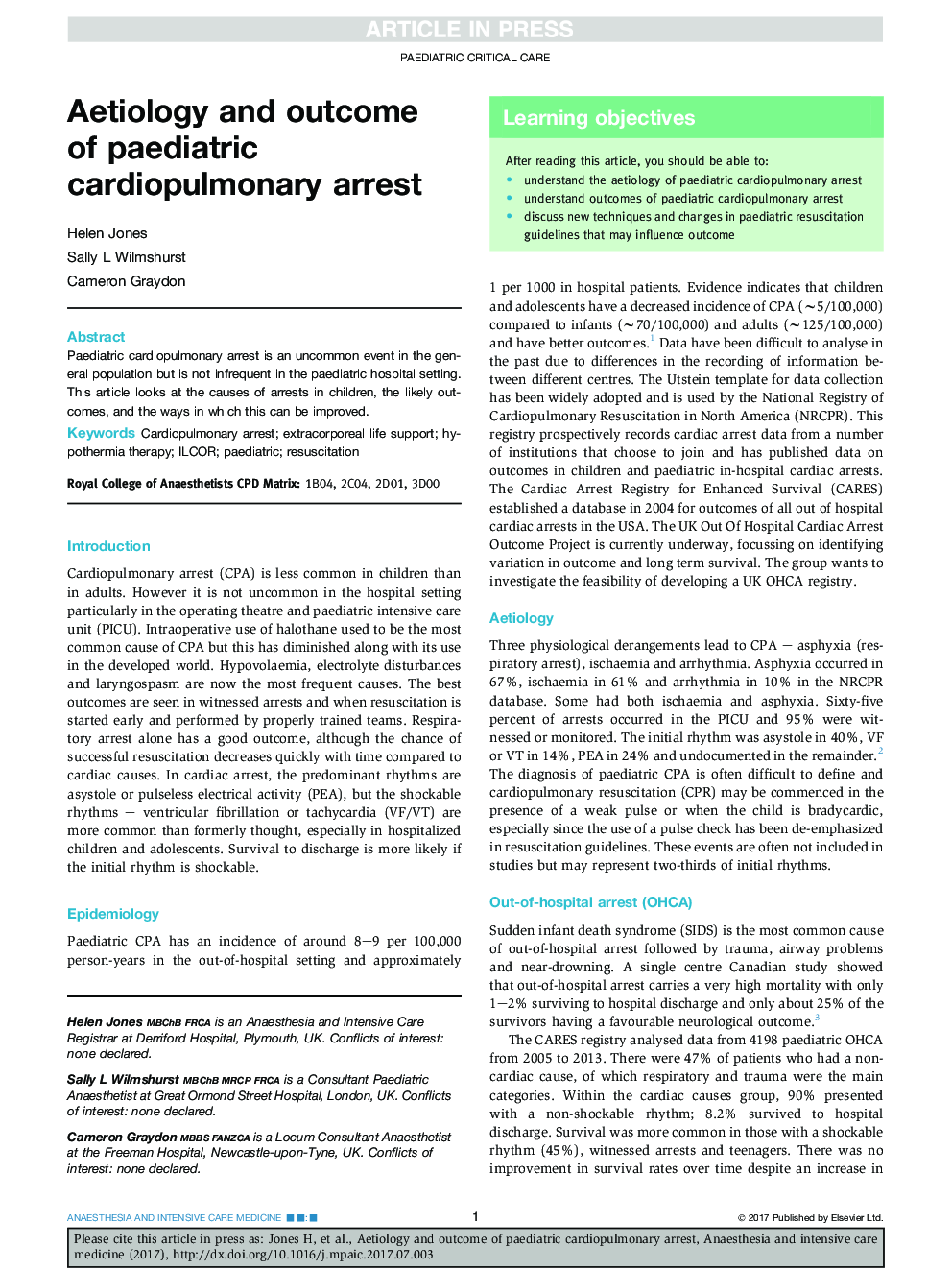 Aetiology and outcome of paediatric cardiopulmonary arrest