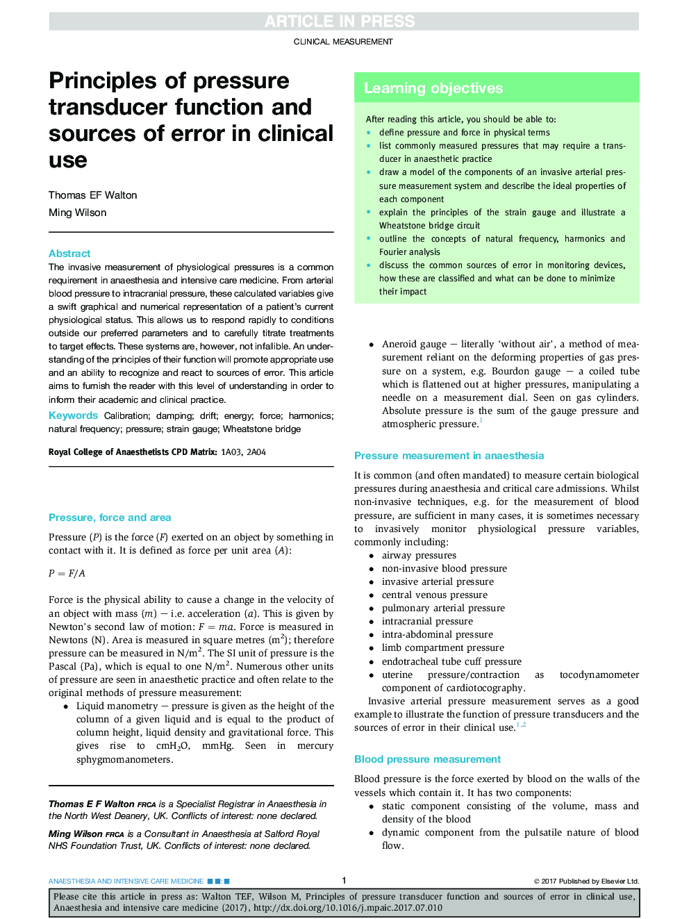 Principles of pressure transducer function and sources of error in clinical use