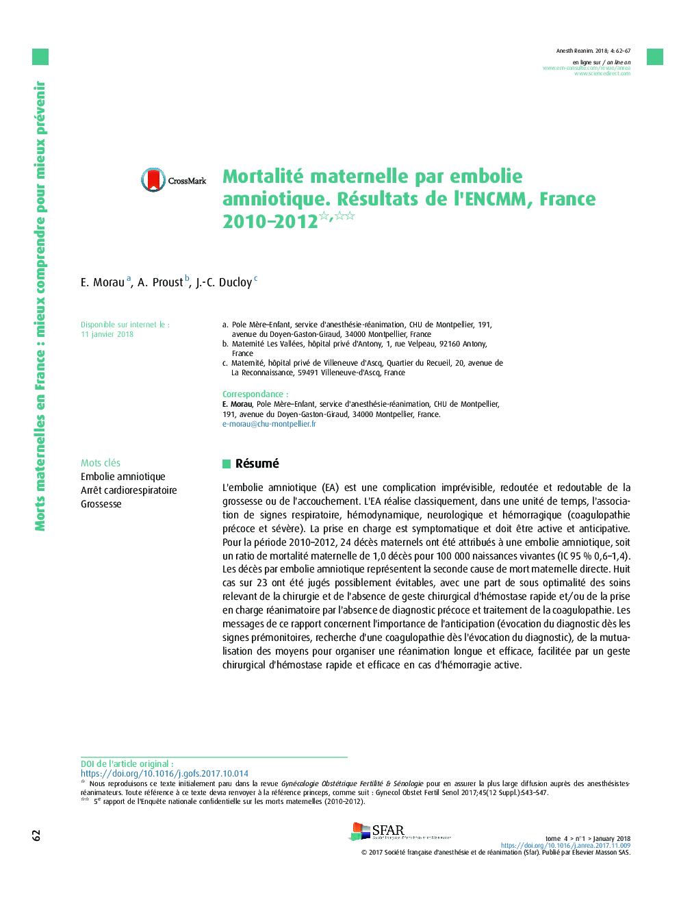 Mortalité maternelle par embolie amniotique. Résultats de l'ENCMM, France 2010-2012
