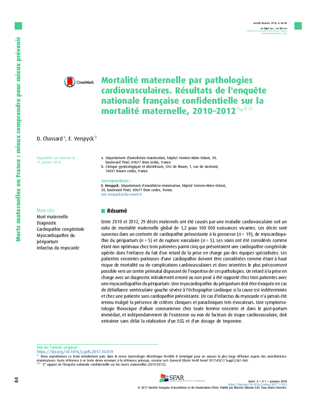 Mortalité maternelle par pathologies cardiovasculaires. Résultats de l'enquÃªte nationale française confidentielle sur la mortalité maternelle, 2010-2012