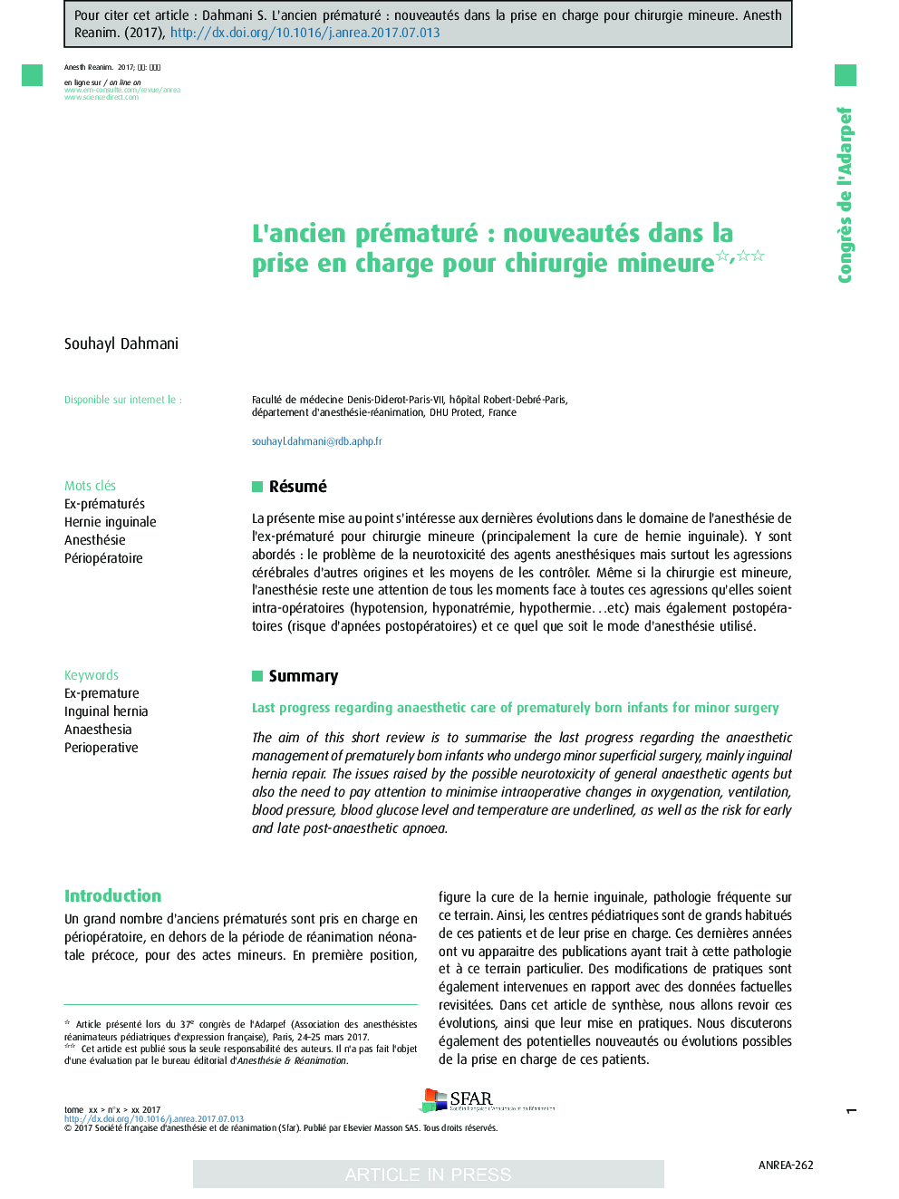 L'ancien prématuréÂ : nouveautés dans la prise en charge pour chirurgie mineure