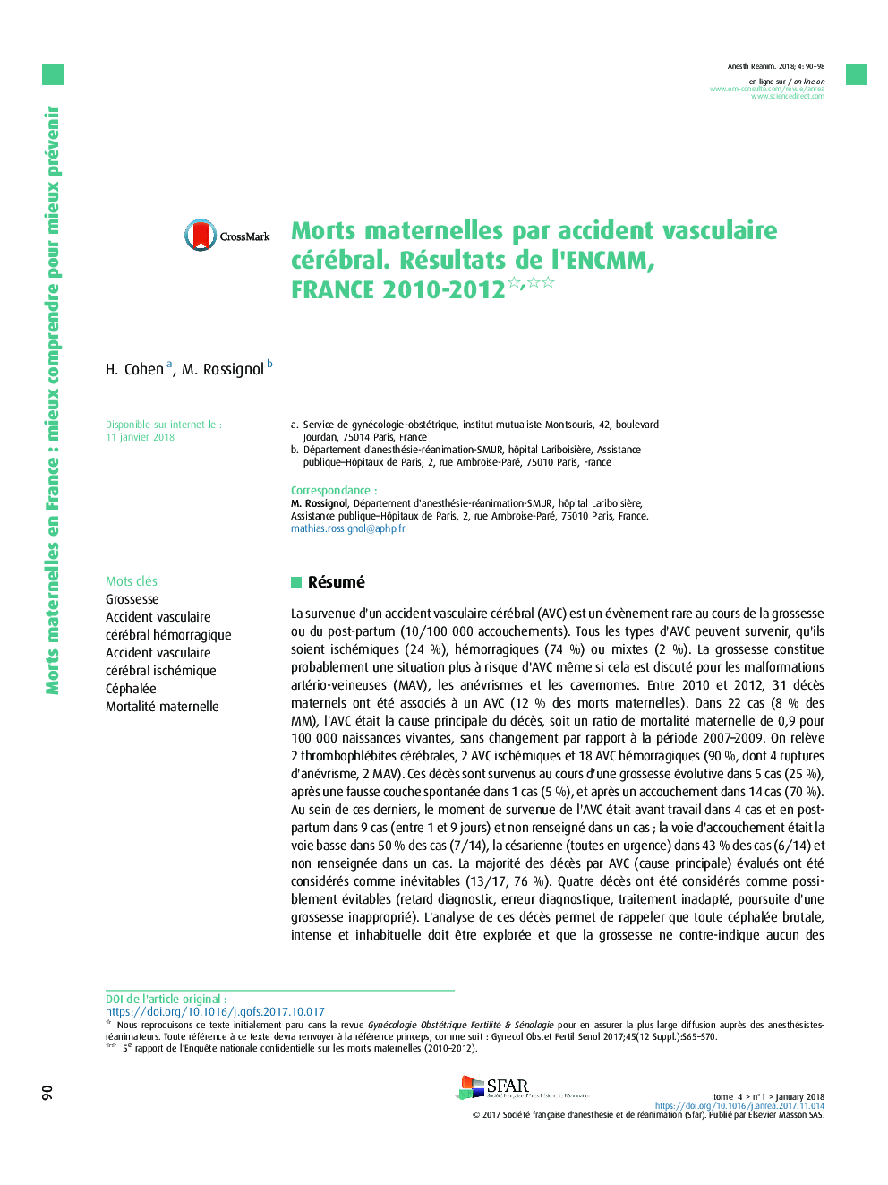 Morts maternelles par accident vasculaire cérébral. Résultats de l'ENCMM, FRANCE 2010-2012