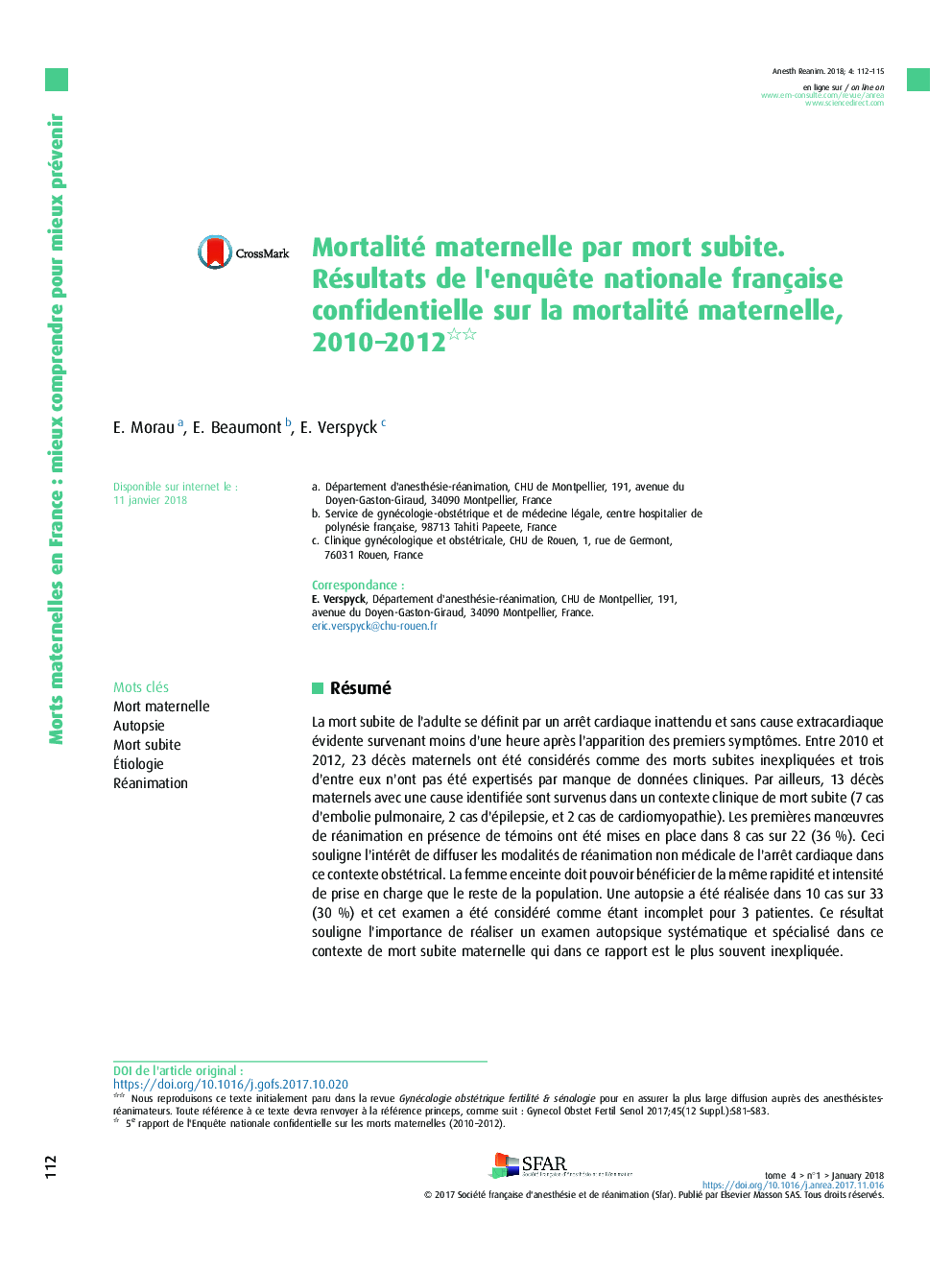 Mortalité maternelle par mort subite. Résultats de l'enquÃªte nationale française confidentielle sur la mortalité maternelle, 2010-2012