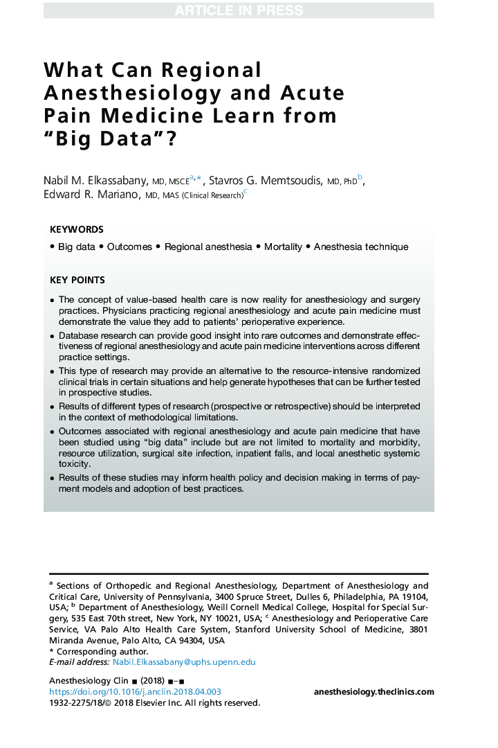 What Can Regional Anesthesiology and Acute Pain Medicine Learn from “Big Data”?