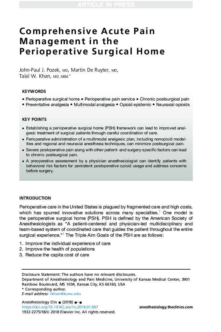 Comprehensive Acute Pain Management in the Perioperative Surgical Home