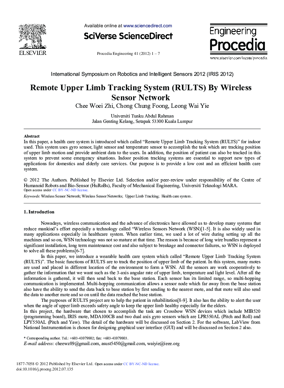 Remote Upper Limb Tracking System (RULTS) By Wireless Sensor Network