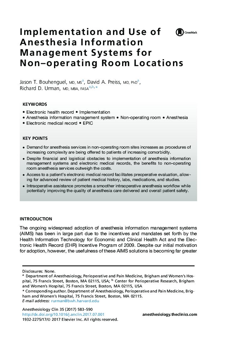 Implementation and Use of Anesthesia Information Management Systems for Non-operating Room Locations