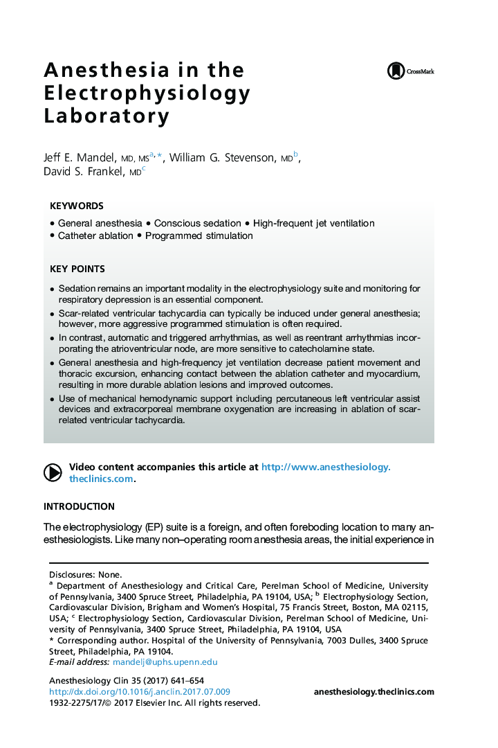 Anesthesia in the Electrophysiology Laboratory