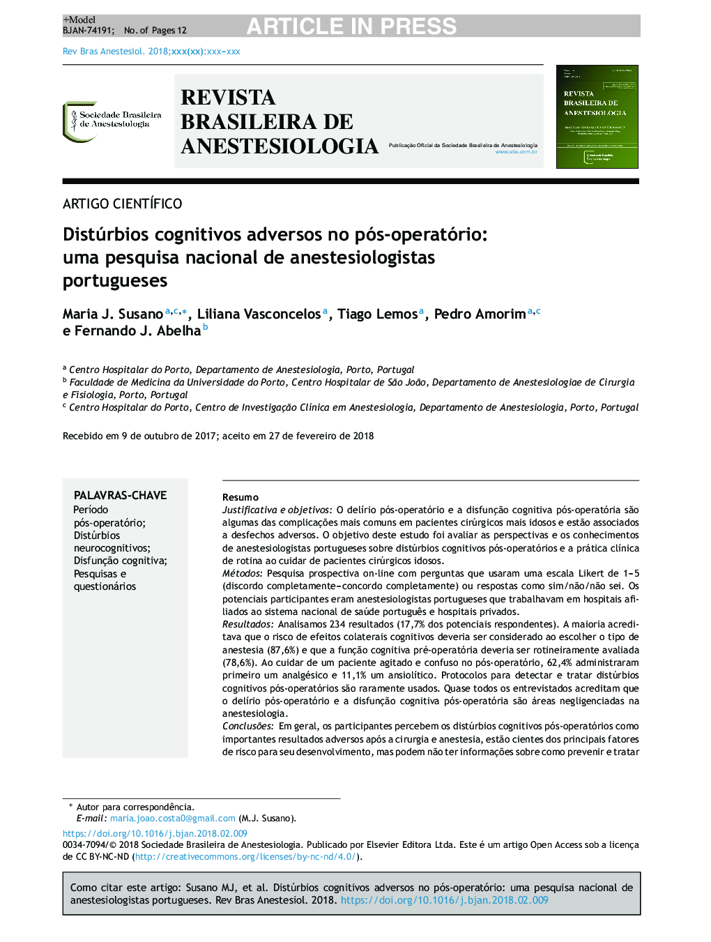 Distúrbios cognitivos adversos no pósâoperatório: uma pesquisa nacional de anestesiologistas portugueses