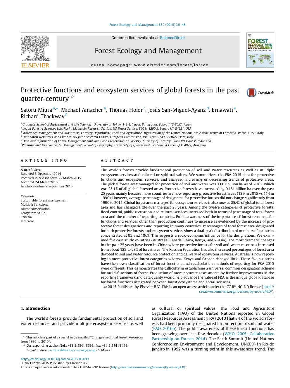 Protective functions and ecosystem services of global forests in the past quarter-century 