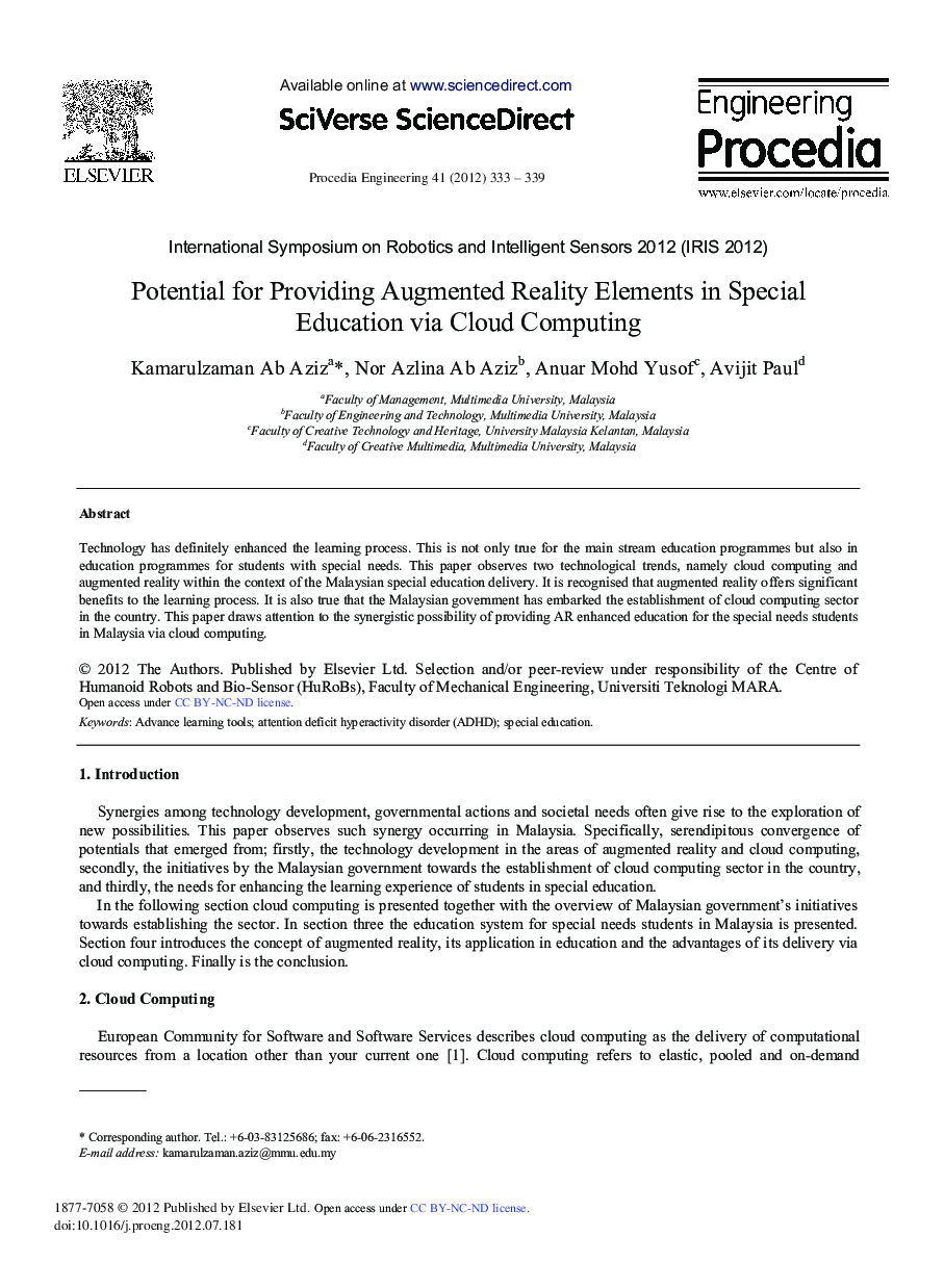 Potential for Providing Augmented Reality Elements in Special Education via Cloud Computing