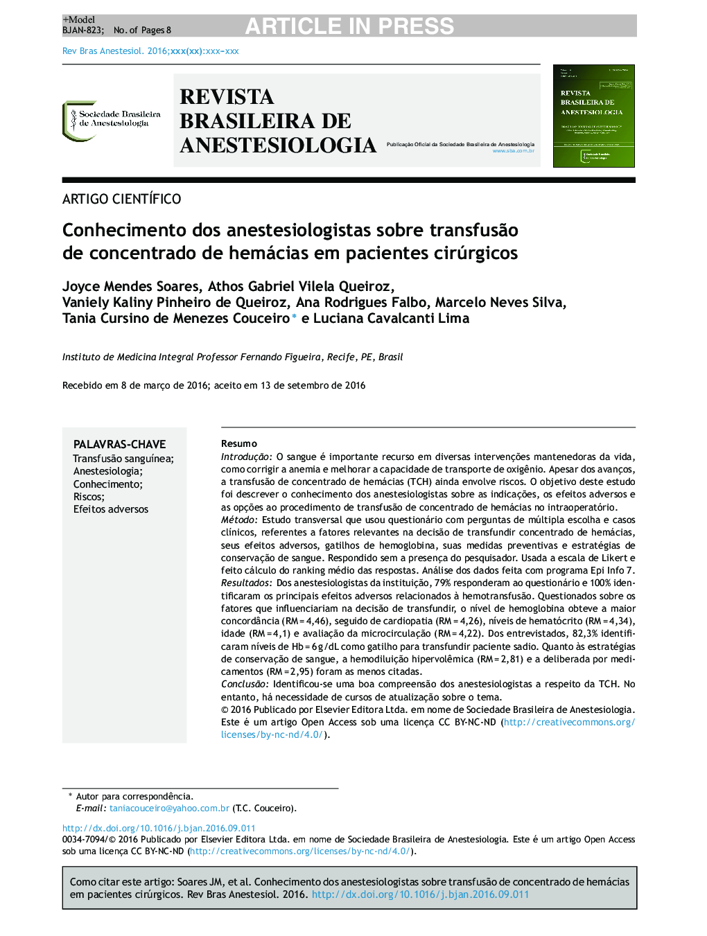 Conhecimento dos anestesiologistas sobre transfusÃ£o de concentrado de hemácias em pacientes cirúrgicos