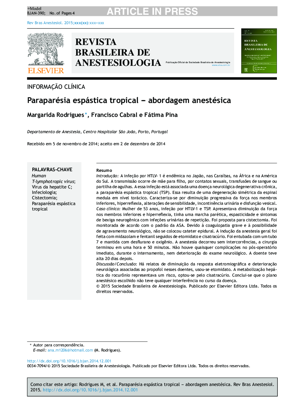 Paraparesia espástica tropical - abordagem anestésica