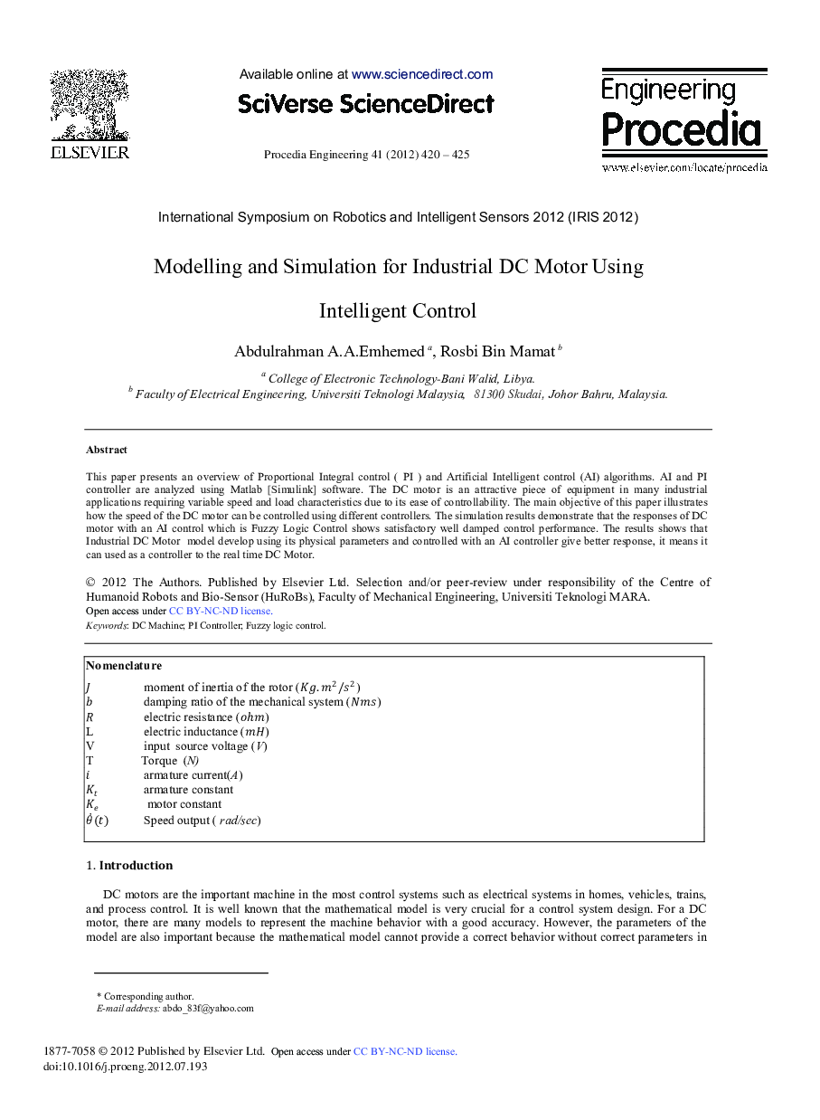 Modelling and Simulation for Industrial DC Motor Using Intelligent Control