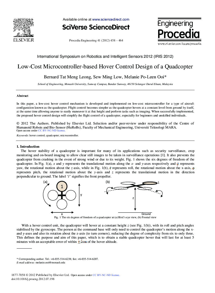 Low-Cost Microcontroller-based Hover Control Design of a Quadcopter