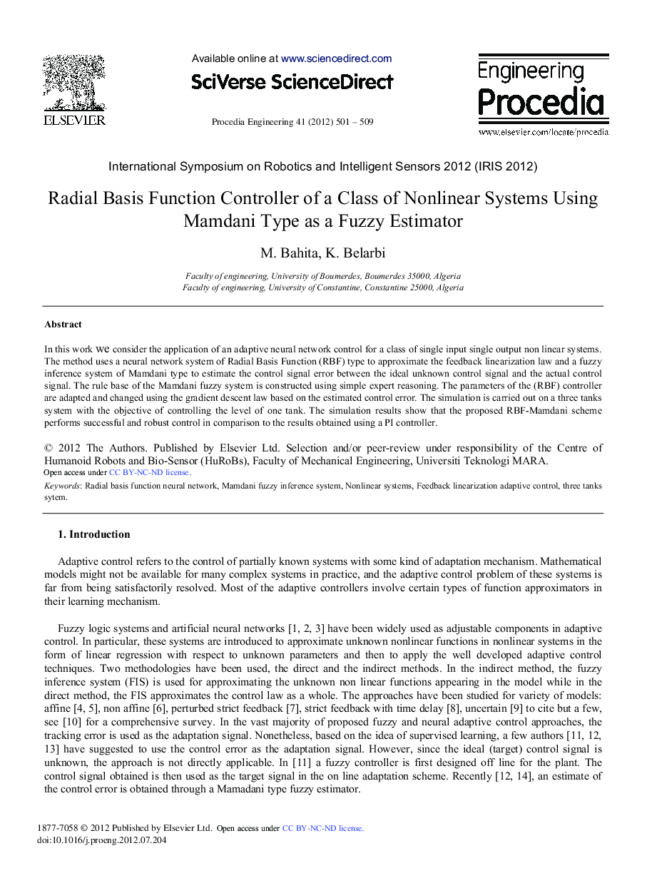 Radial Basis Function Controller of a Class of Nonlinear Systems Using Mamdani Type as a Fuzzy Estimator