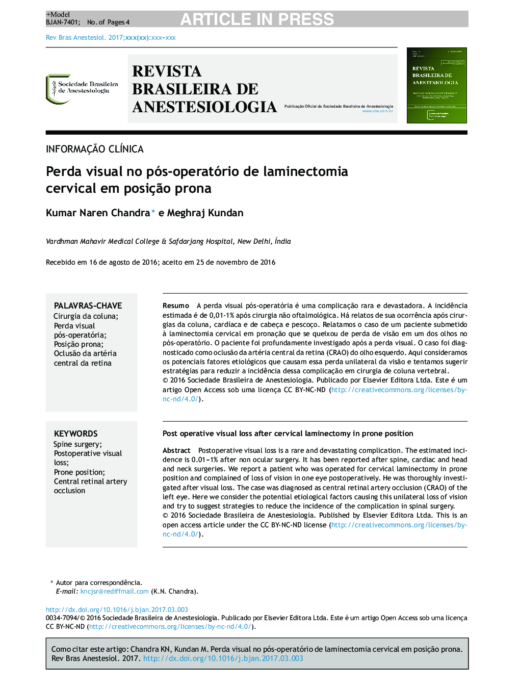 Perda visual no pósâoperatório de laminectomia cervical em pronaçÃ£o