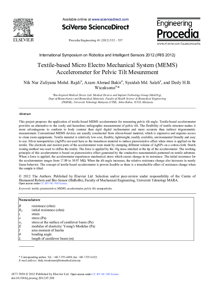 Textile-based Micro Electro Mechanical System (MEMS) Accelerometer for Pelvic Tilt Mesurement