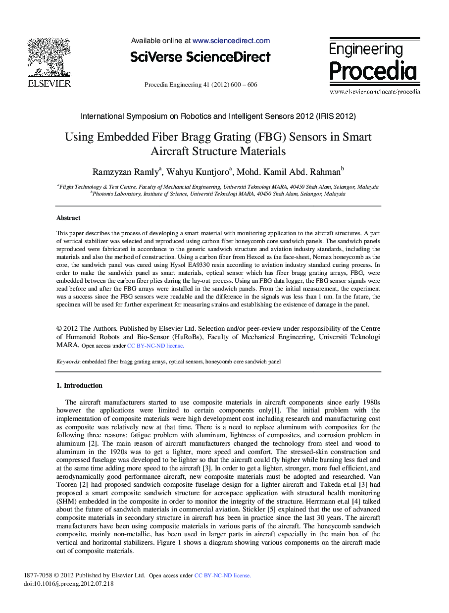 Using Embedded Fiber Bragg Grating (FBG) Sensors in Smart Aircraft Structure Materials