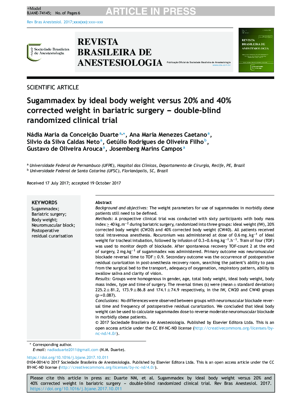 Sugammadex by ideal body weight versus 20% and 40% corrected weight in bariatric surgery - double-blind randomized clinical trial