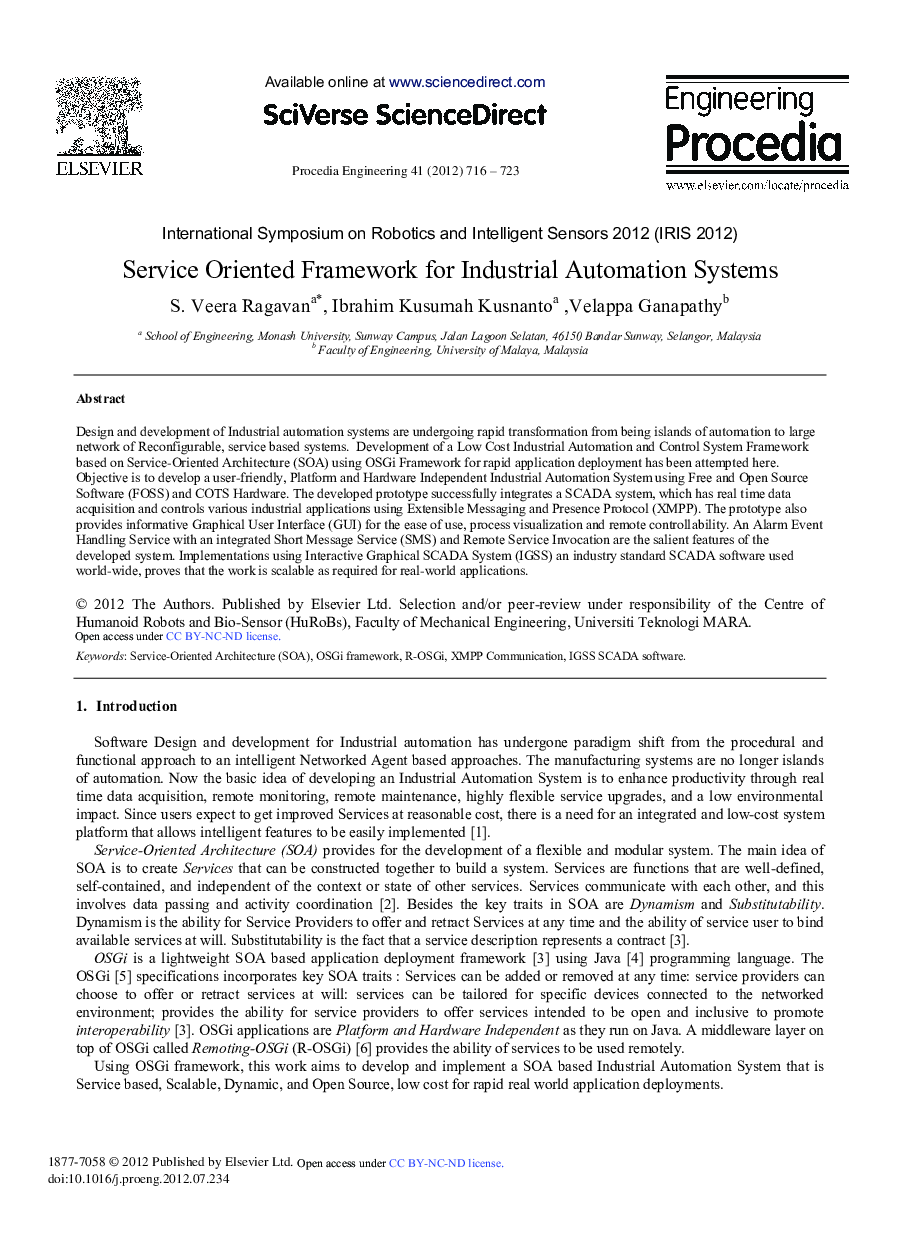 Service Oriented Framework for Industrial Automation Systems