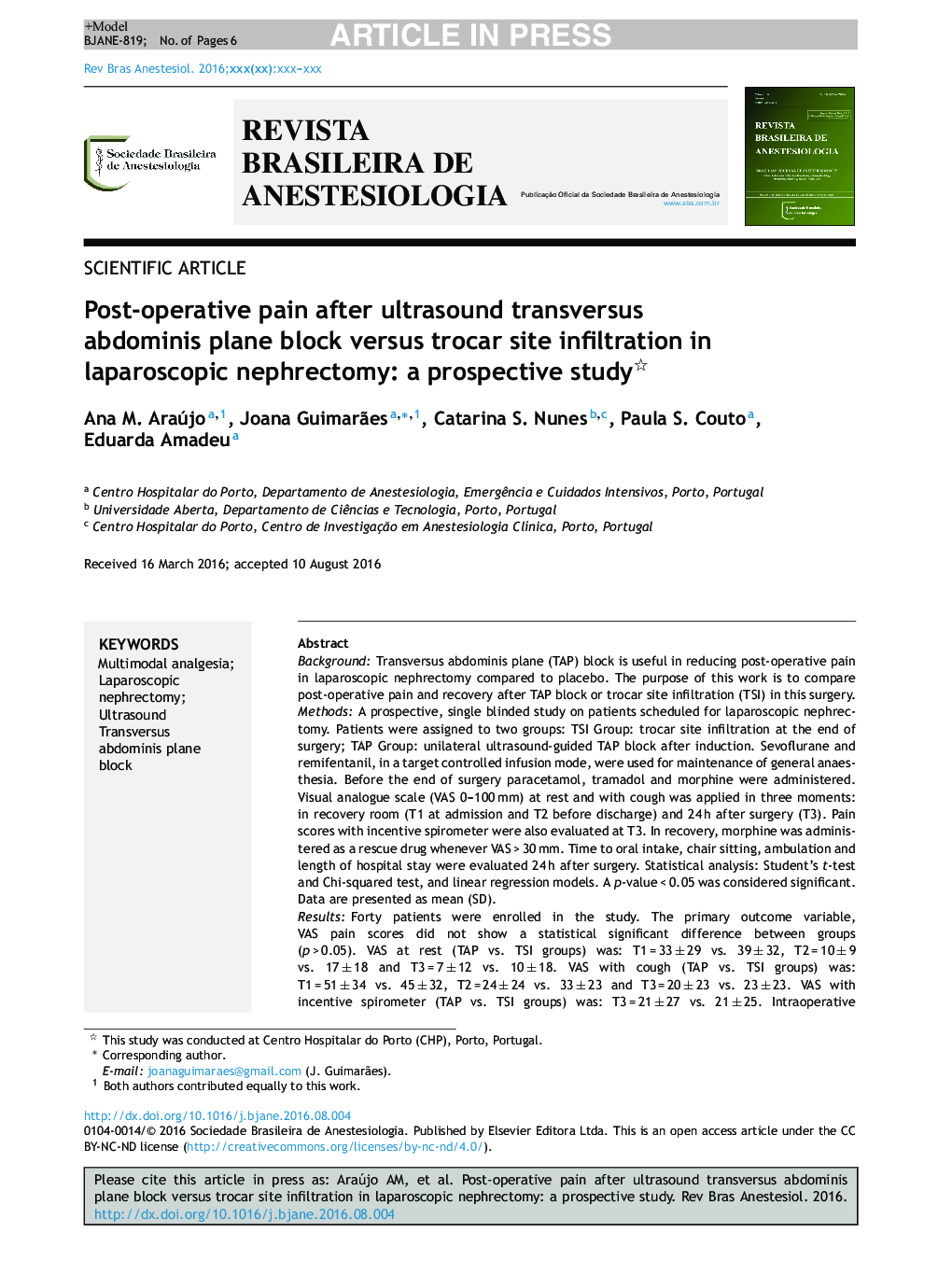 Post-operative pain after ultrasound transversus abdominis plane block versus trocar site infiltration in laparoscopic nephrectomy: a prospective study