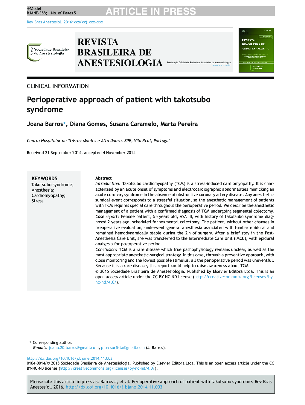 Perioperative approach of patient with takotsubo syndrome