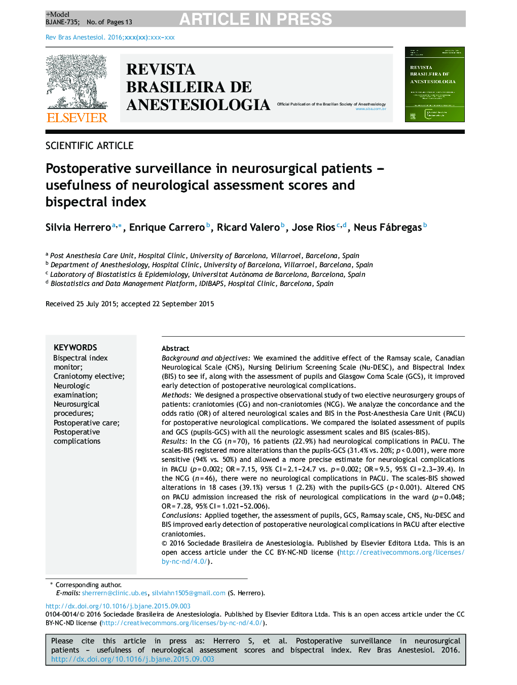 Postoperative surveillance in neurosurgical patients - usefulness of neurological assessment scores and bispectral index
