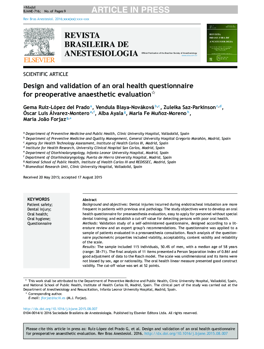 Design and validation of an oral health questionnaire for preoperative anaesthetic evaluation