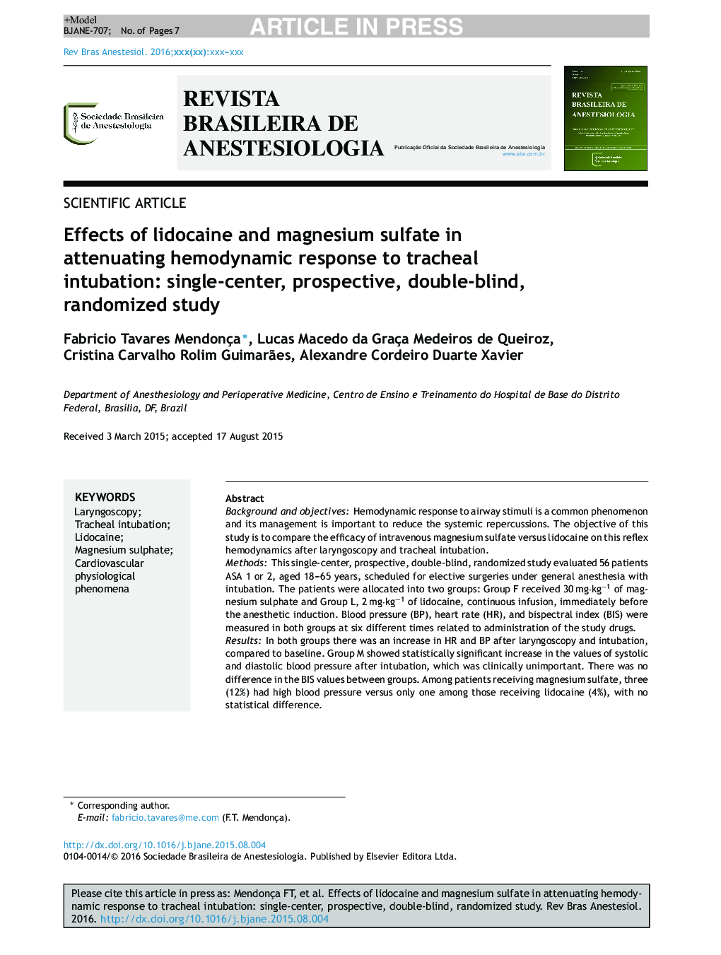 Effects of lidocaine and magnesium sulfate in attenuating hemodynamic response to tracheal intubation: single-center, prospective, double-blind, randomized study