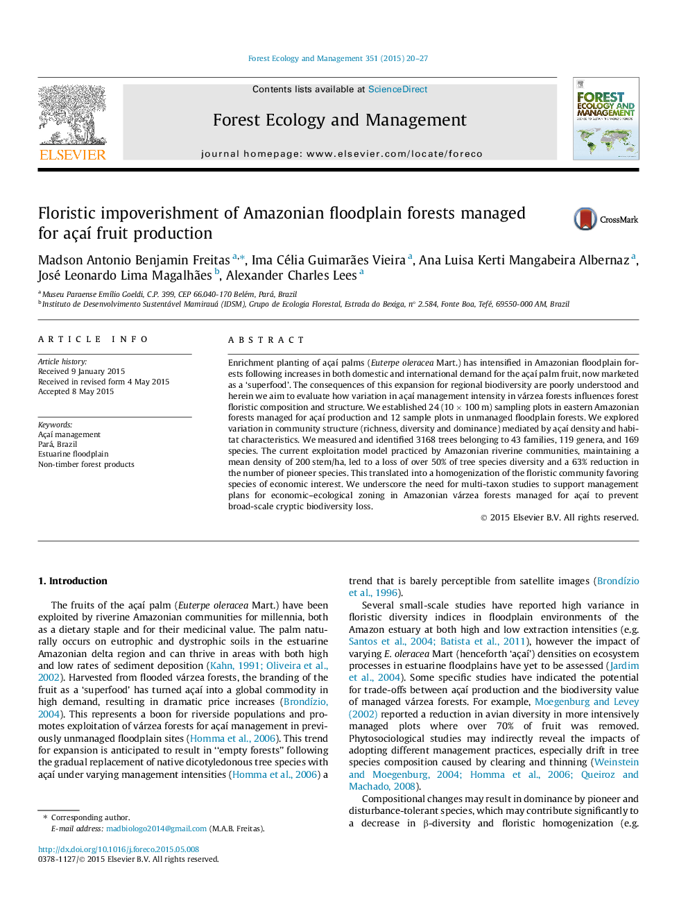 Floristic impoverishment of Amazonian floodplain forests managed for açaí fruit production