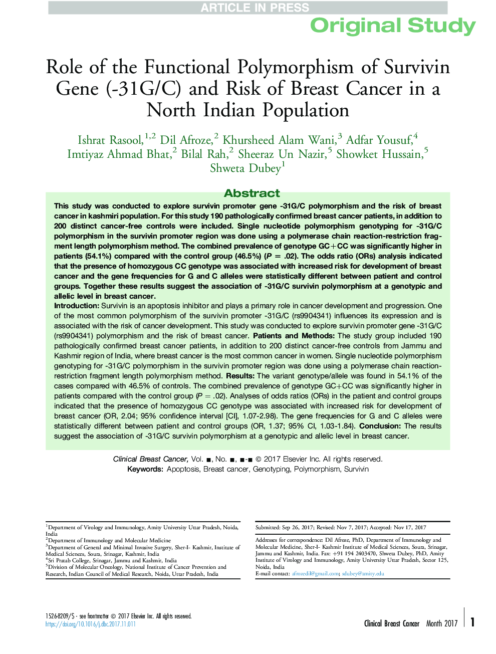 Role of the Functional Polymorphism of Survivin Gene (-31G/C) and Risk of Breast Cancer in a North Indian Population