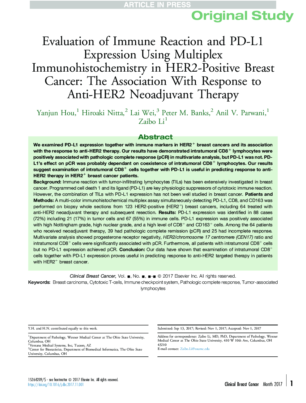 Evaluation of Immune Reaction and PD-L1 Expression Using Multiplex Immunohistochemistry in HER2-Positive Breast Cancer: The Association With Response to Anti-HER2 Neoadjuvant Therapy