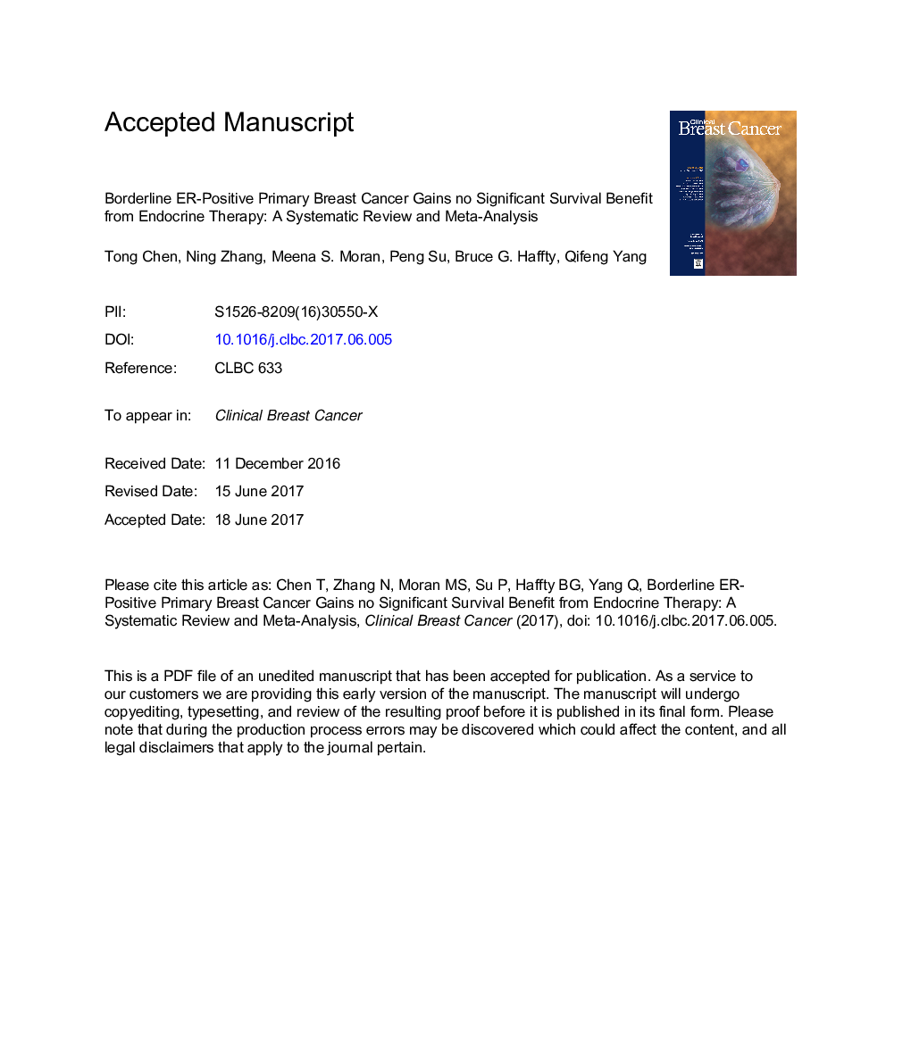 Borderline ER-Positive Primary Breast Cancer Gains No Significant Survival Benefit From Endocrine Therapy: A Systematic Review and Meta-Analysis