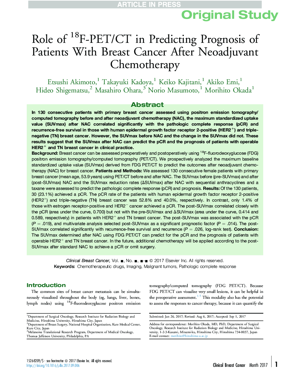 Role of 18F-PET/CT in Predicting Prognosis of Patients With Breast Cancer After Neoadjuvant Chemotherapy