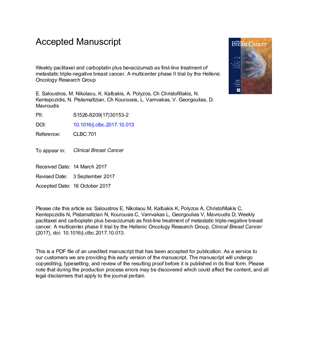 Weekly Paclitaxel and Carboplatin Plus Bevacizumab as First-Line Treatment of Metastatic Triple-Negative Breast Cancer. AÂ Multicenter Phase II Trial by the Hellenic Oncology Research Group