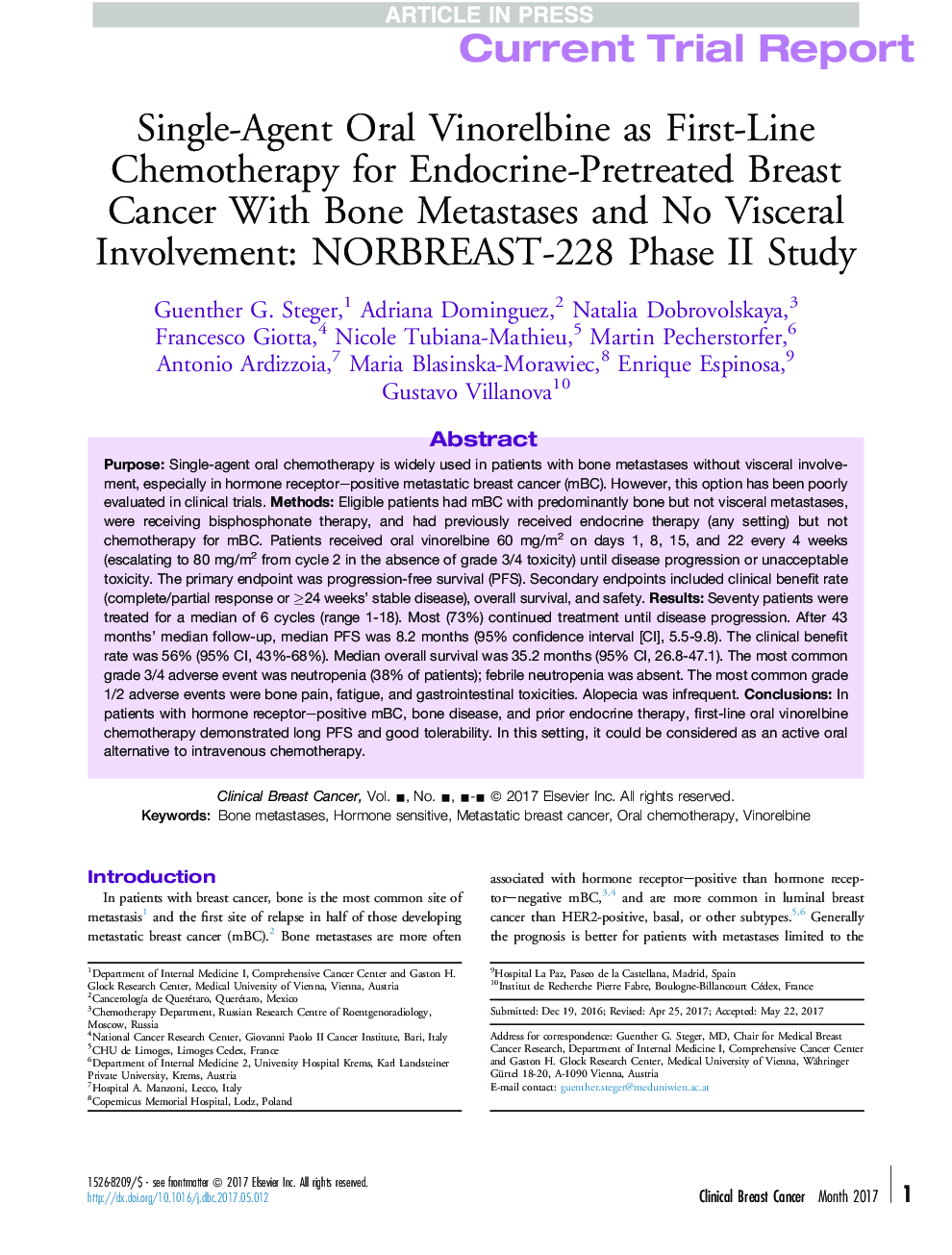 Single-Agent Oral Vinorelbine as First-Line Chemotherapy for Endocrine-Pretreated Breast Cancer With Bone Metastases and No Visceral Involvement: NORBREAST-228 Phase II Study