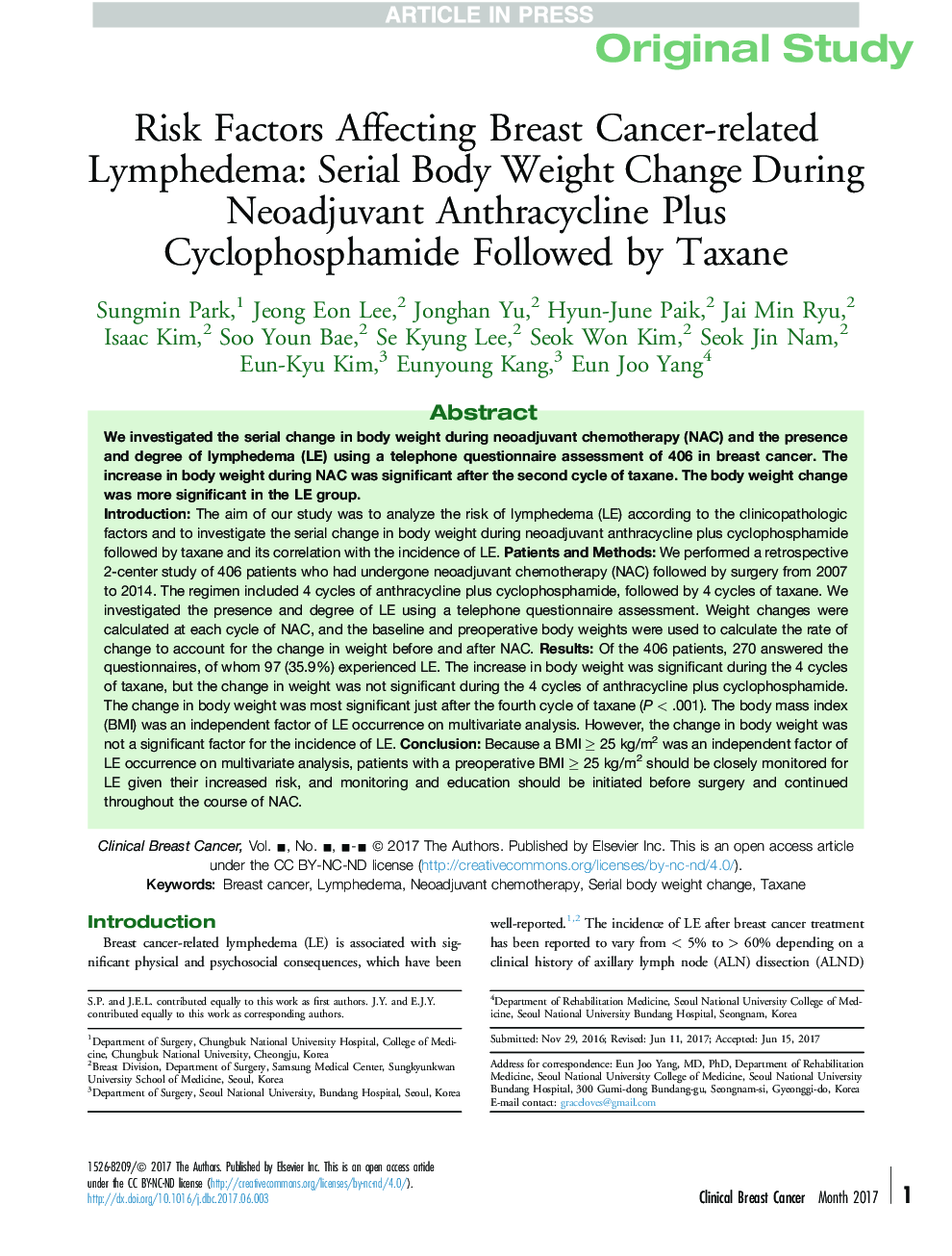 Risk Factors Affecting Breast Cancer-related Lymphedema: Serial Body Weight Change During Neoadjuvant Anthracycline Plus Cyclophosphamide Followed by Taxane