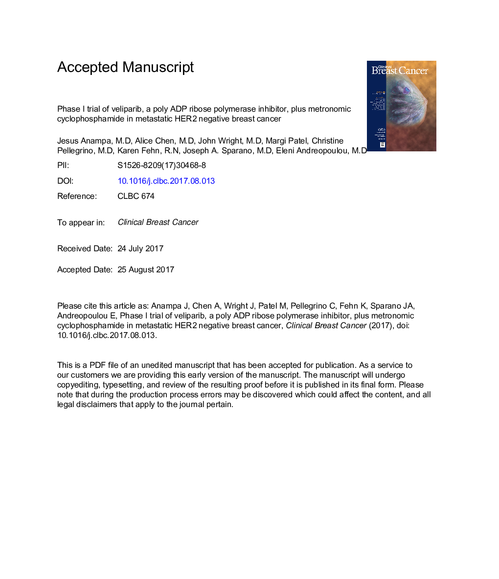 Phase I Trial of Veliparib, a Poly ADP Ribose Polymerase Inhibitor, Plus Metronomic Cyclophosphamide in Metastatic HER2-negative Breast Cancer