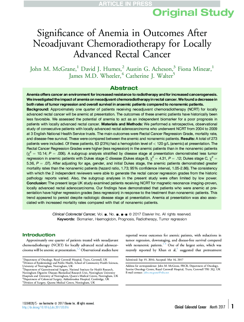 Significance of Anemia in Outcomes After Neoadjuvant Chemoradiotherapy for Locally Advanced Rectal Cancer